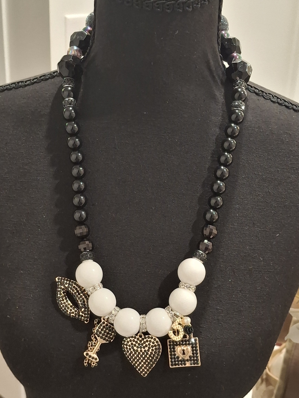 Chic Black & White Beaded Charm Necklace - Brand: